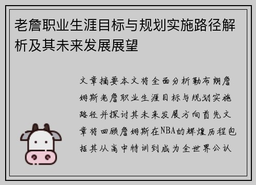 老詹职业生涯目标与规划实施路径解析及其未来发展展望