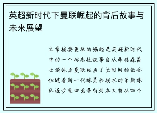 英超新时代下曼联崛起的背后故事与未来展望 英超新时代下曼联崛起的背后故事与未来展望